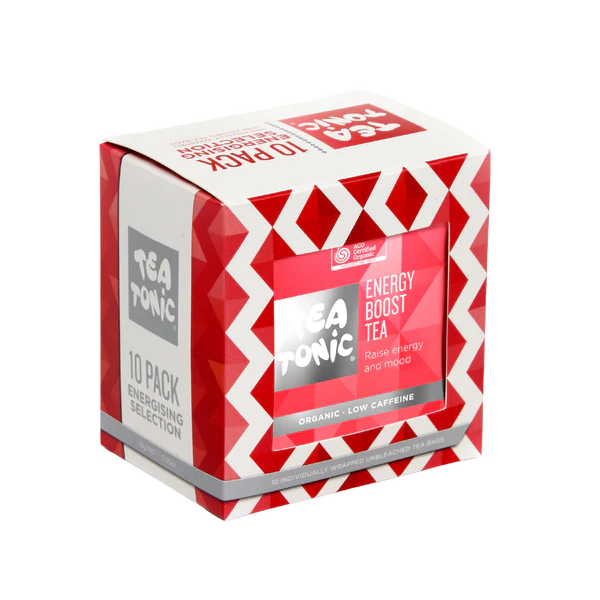 Box of Tea Tonic Energy Boost Tea packaging on a white background