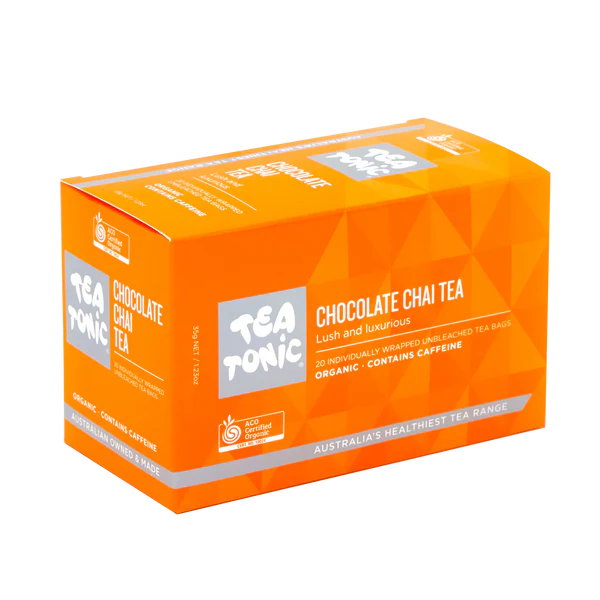 Orange box of Tea Tonic Chocolate Chai Tea on a white background
