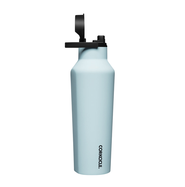 A light blue insulated water bottle with a black flip-top lid, featuring the brand name 'CONKICLE.' printed vertically near the bottom, set against a plain white background.