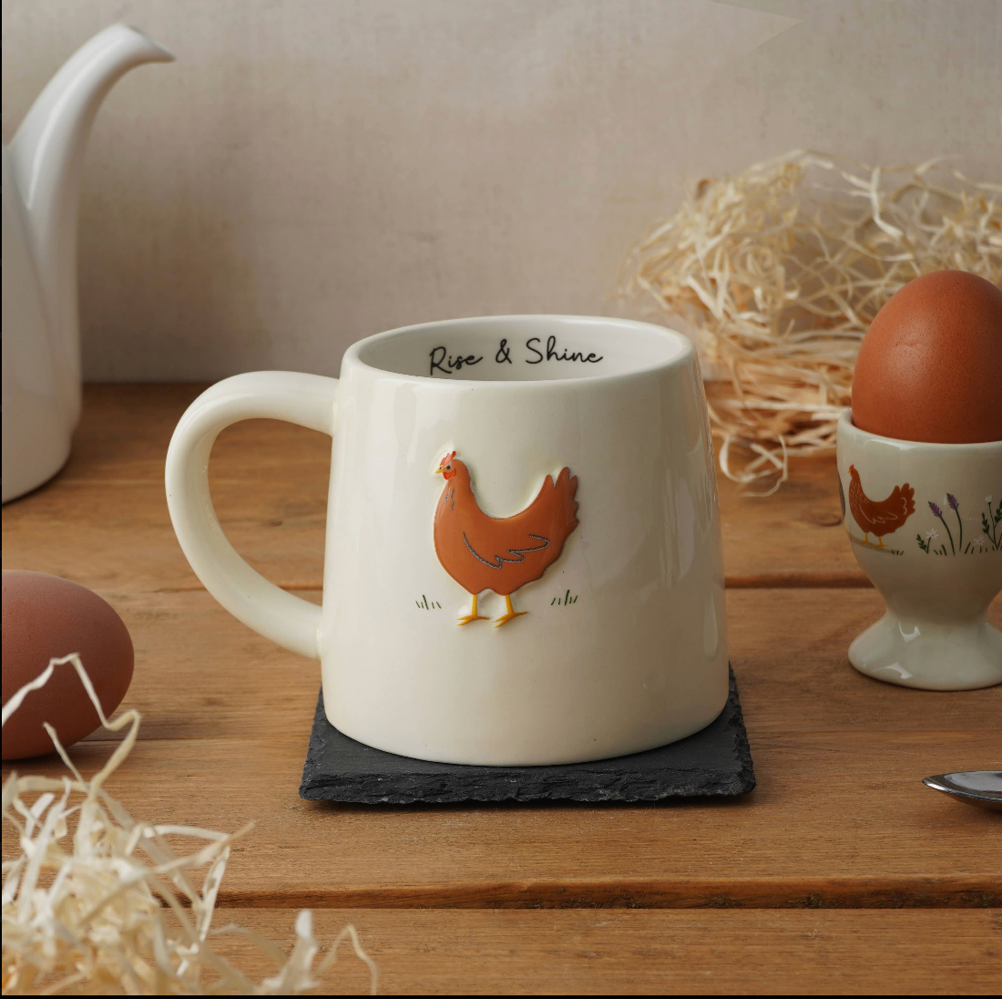 White mug with chicken design