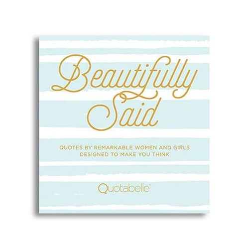 A cover image of a book titled 'Beautifully said' from quotabelle on stripe white and blue book on a white background