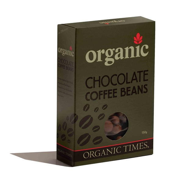 Organic Dark chocolate Coffee beans in red box on green background.