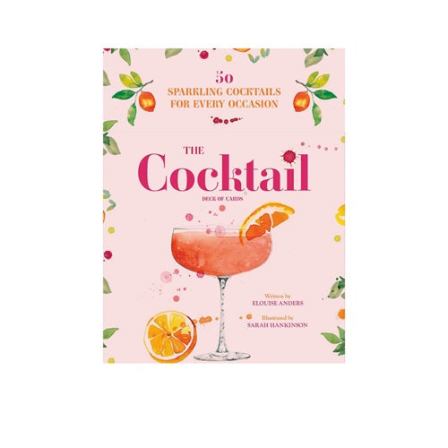 Pink book titled the cocktail deck with image of cocktail glass.