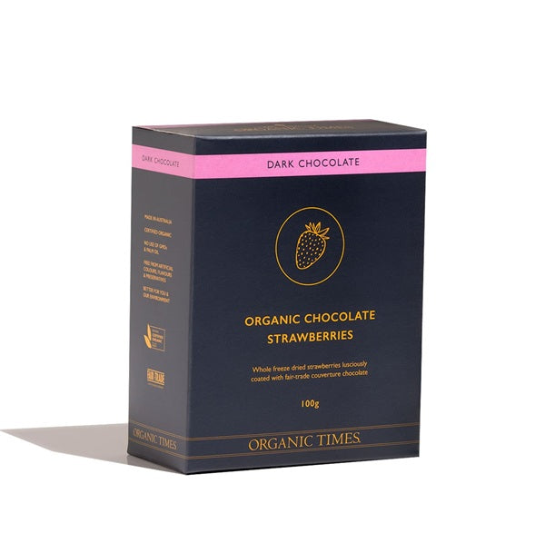Organic times dry chocolate covered strawberries in dark blue box dark chocolate flavour on white background