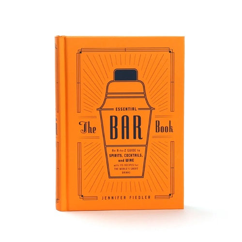 A cover image of a book titled 'The Essential Bar' by Jennifer Fidler, with an orange background featuring a graphic of a cocktail shaker.