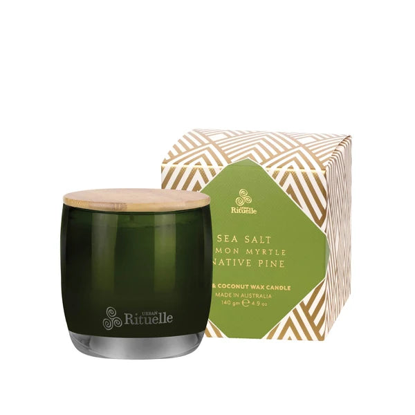 Urban Rituelle green candle with wooden lid and christmas gold packaging
