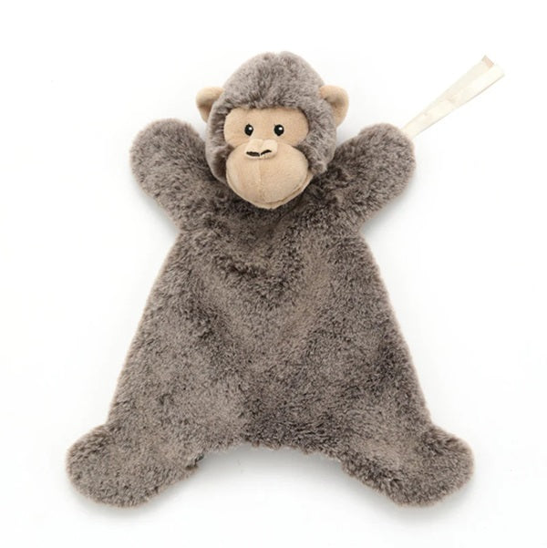 Monkey A soft fabric baby sleep aid and hand puppet by Nana Huchy, featuring a plush animal head, a blanket body, and a built-in dummy attachment ribbon