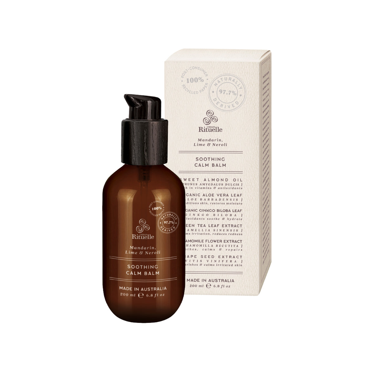 brown bottle of soothing calm balm with cream box from urban riteulle