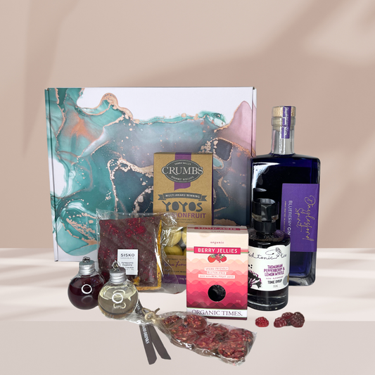 Christmas Hamper Box with Daylesford Blueberry Gin, Sisko Raspberry Honeycomb, Triffid Tasmanian Berry Tonic, Berry Jelly, Yoyo Passionfruit Yoyo, Mount Zero Berry Medallions and Gin Balls.