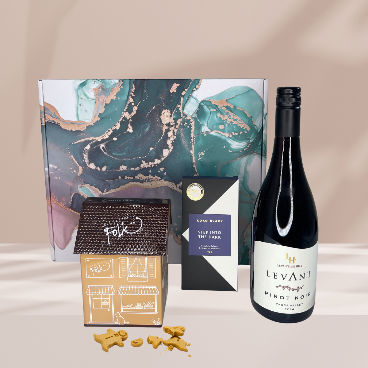 Christmas Hamper Box with Levantine Hill Pinot Noir, Gingerbread Tin and Koko Black Dark Chocolate Block.