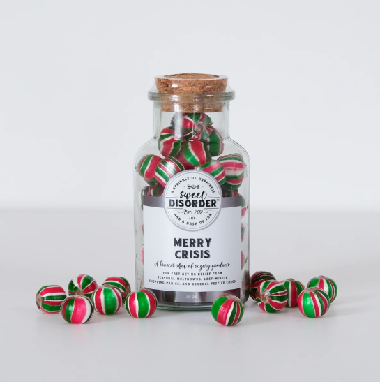 lollie jar  'Sweet Disorder' and 'Merry Crisis,' filled with red, green, and white striped candy balls