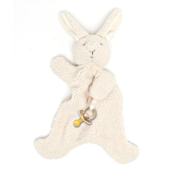 Bunny, A soft fabric baby sleep aid and hand puppet by Nana Huchy, featuring a plush animal head, a blanket body, and a built-in dummy attachment ribbon