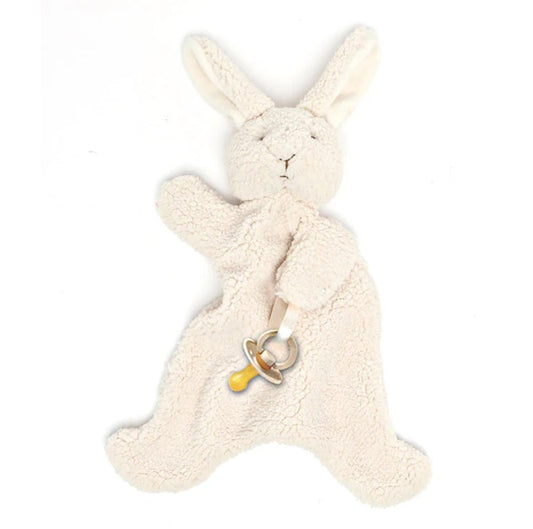 Bunny, A soft fabric baby sleep aid and hand puppet by Nana Huchy, featuring a plush animal head, a blanket body, and a built-in dummy attachment ribbon