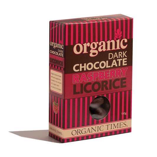 Organic Dark chocolate raspberry licorice in red box.
