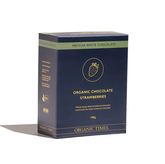Organic times dry chocolate covered strawberries in dark blue box matcha flavour.
