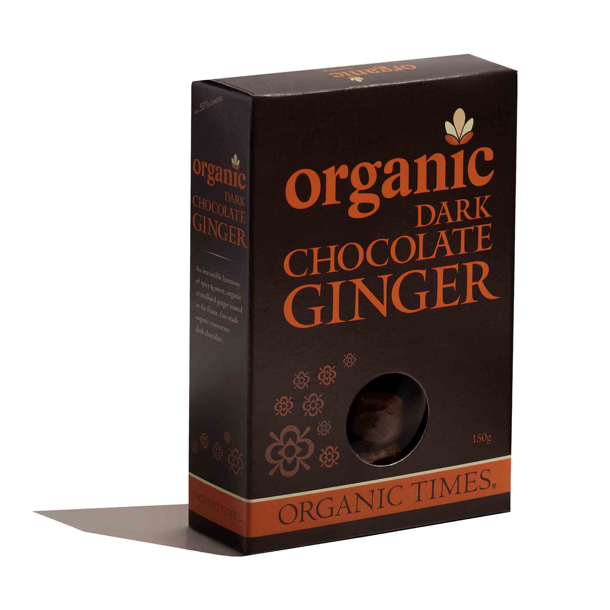 Organic dark chocolate covered Ginger in brown box.