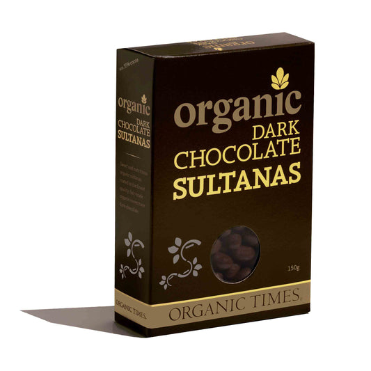 Box of Organic Times dark chocolate sultanas.