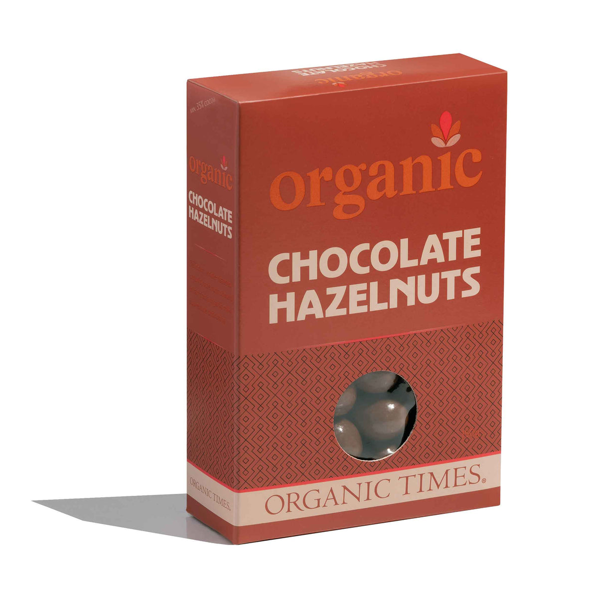 Organic milk chocolate covered hazelnuts in orange box.